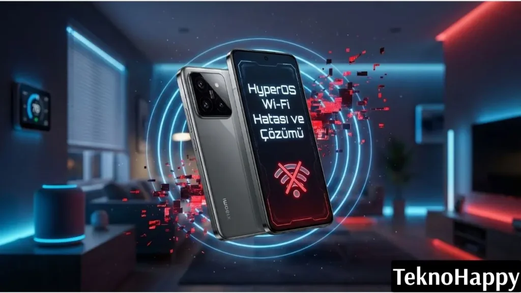 HyperOS yüklü Xiaomi cihazlarda kopan sinyal dalgaları ve HyperOS Wi-Fi hatası çözümü için fütüristik temsil