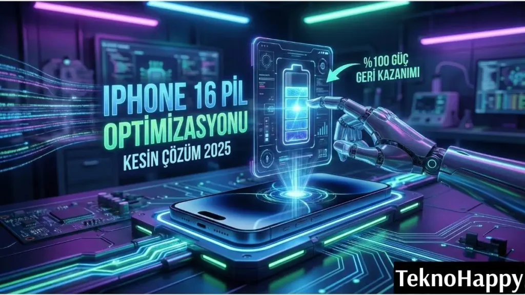 iPhone 16 pil sorunu çözümü ve batarya optimizasyonunu gösteren fütüristik teknoloji arayüzü ve pil sağlığı göstergesi.
