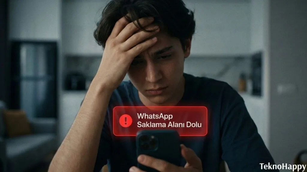 WhatsApp saklama alanı dolduğu için sinirlenen kullanıcı ve ekrandaki uyarı hatası