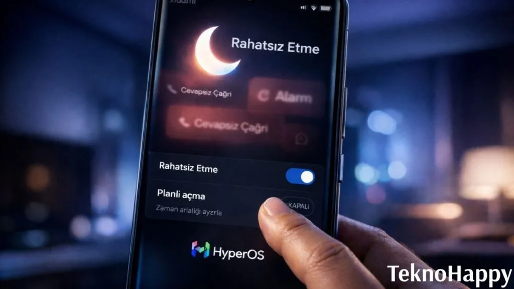 Xiaomi HyperOS Rahatsız Etme Modu kendi kendine açılan HyperOS yüklü telefonun ayarlar ekranı ve cevapsız çağrı bildirimleri