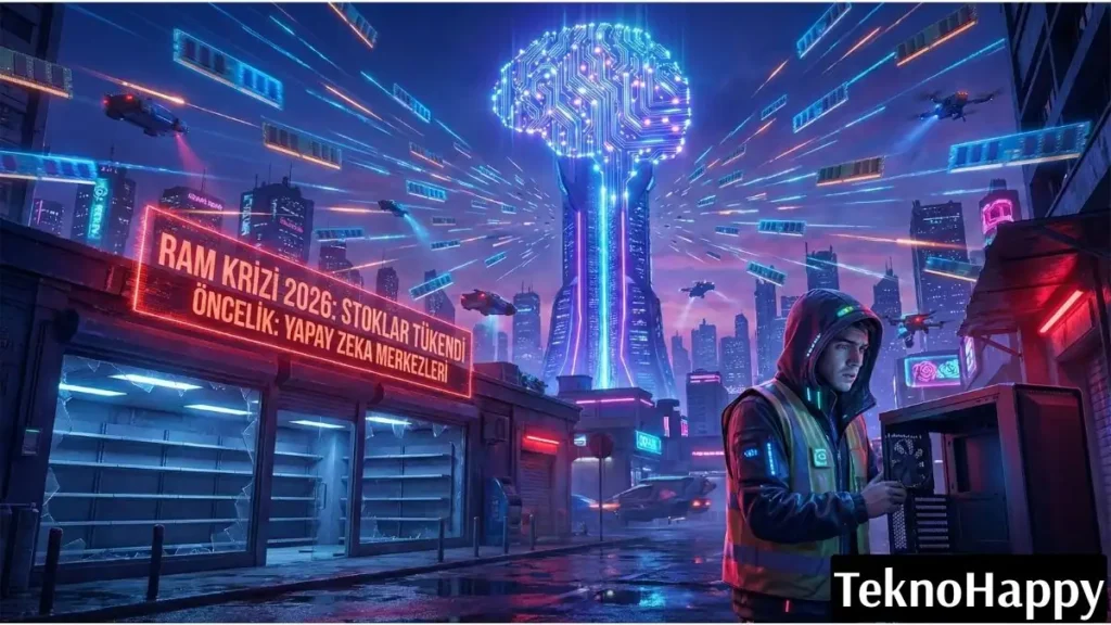 2026 RAM Krizi ve yapay zeka veri merkezlerinin küresel bellek stoklarını tüketmesini temsil eden fütüristik dijital illüstrasyon.