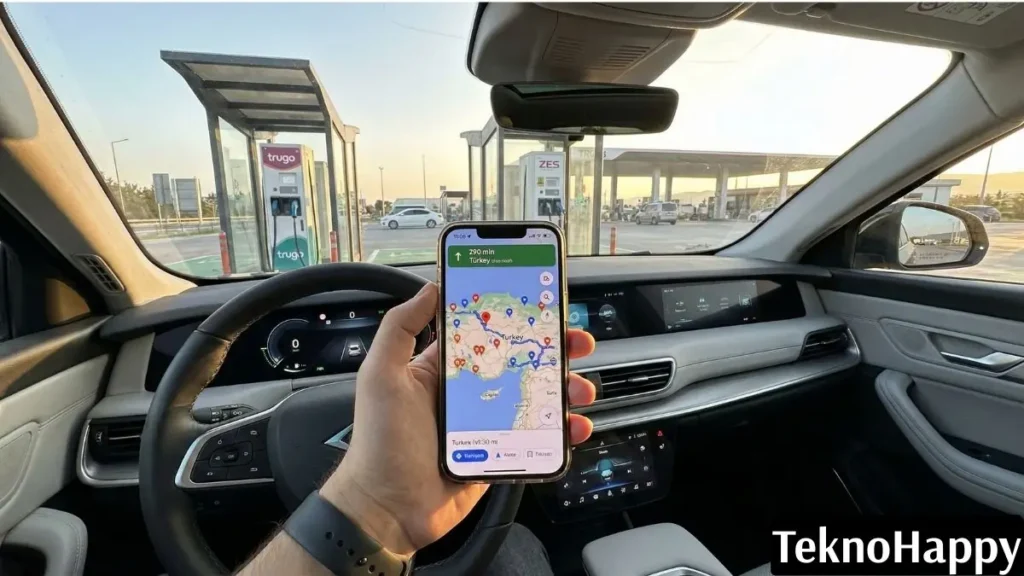 2026 güncel elektrikli araç şarj istasyonu haritası üzerinden Trugo ve ZES noktalarını inceleyen Togg T10X sürücüsü.