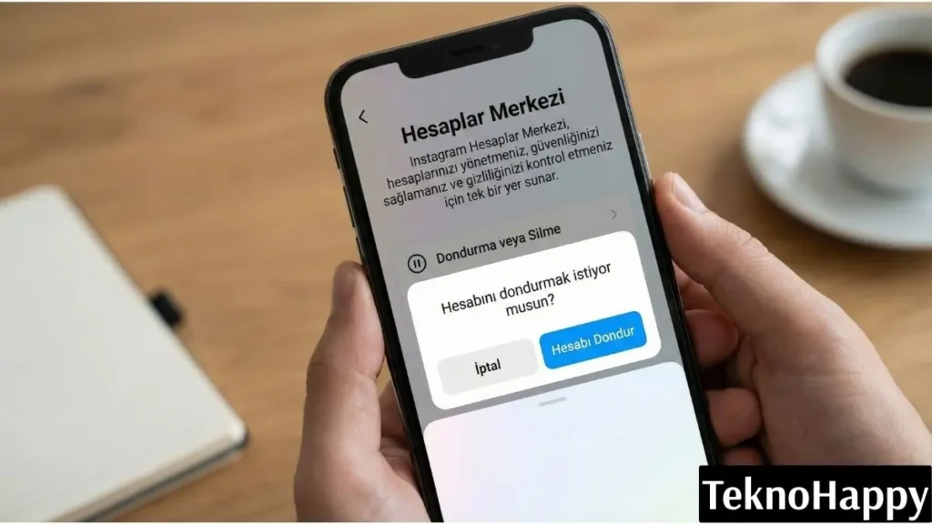 Instagram hesap dondurma ve geçici kapatma işleminin yapıldığı hesaplar merkezi ekranı.