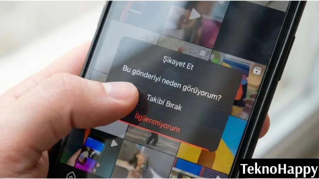 Instagram keşfet bozuldu sorununu çözmek için ilgilenmiyorum butonunun kullanımı ve algoritma sıfırlama görseli.