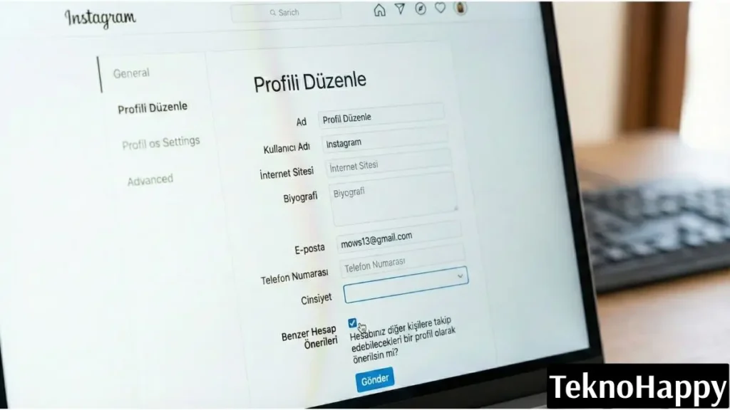 Instagram önerilenler kapatma işleminin yapıldığı web tarayıcı ayarları ve profili düzenle ekranı.
