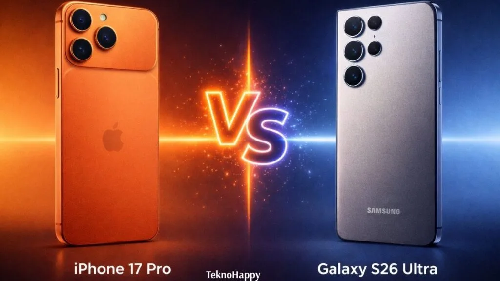 iPhone 17 Pro vs Samsung Galaxy S26 Ultra karşılaştırması: Kozmik Turuncu ve Titanyum Gümüş tasarımları.