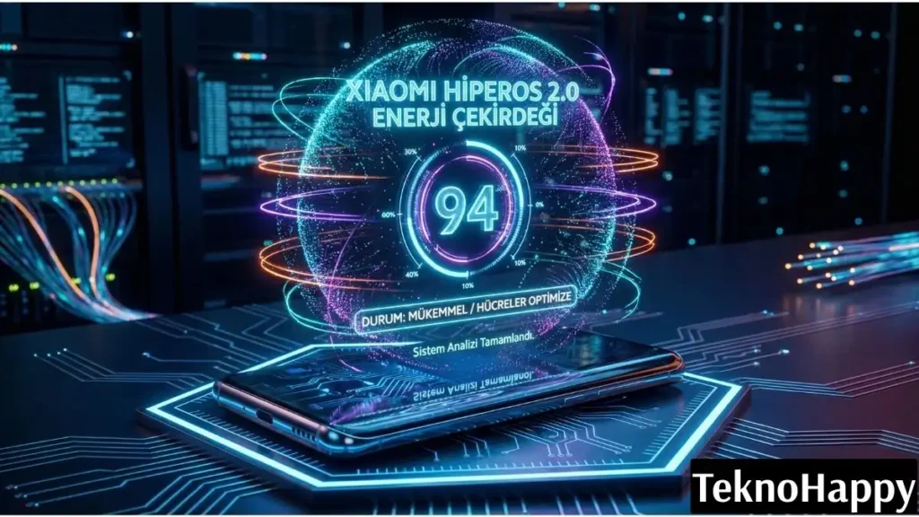Xiaomi HyperOS 2.0 pil sağlığı göstergesini %94 mükemmel durumda gösteren fütüristik hologram arayüzü ve enerji çekirdeği analizi