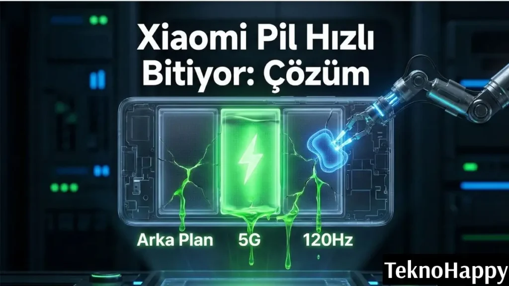 Xiaomi pil hızlı bitiyor sorununa neden olan 5G, 120Hz ve Arka Plan uygulamalarındaki enerji kaçağını onaran fütüristik batarya teknolojisi temsili.