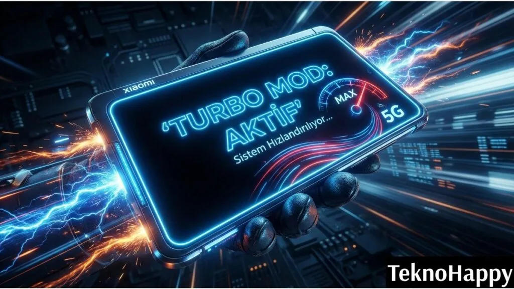 Xiaomi telefon kasıyor sorununu çözen, cihazı hızlandıran performans ayarlarını ve turbo modunu simgeleyen konsept görsel.