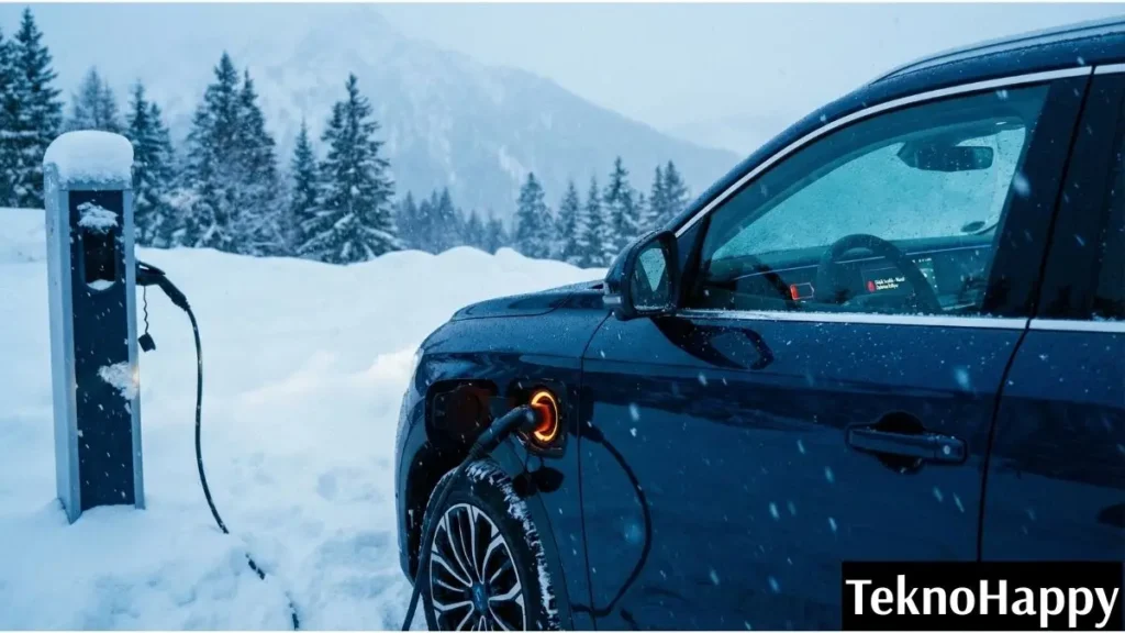 Togg şarj hızlı bitiyor sorununu yaşayan karlı havada şarj edilen Togg T10X.