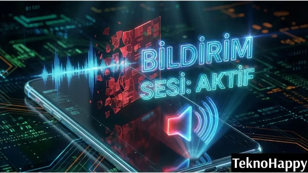 Xiaomi bildirim sesi gelmiyor sorununun çözümünü ve ses ayarlarının aktifleştiğini gösteren fütüristik akıllı telefon arayüzü ve neon tasarım.