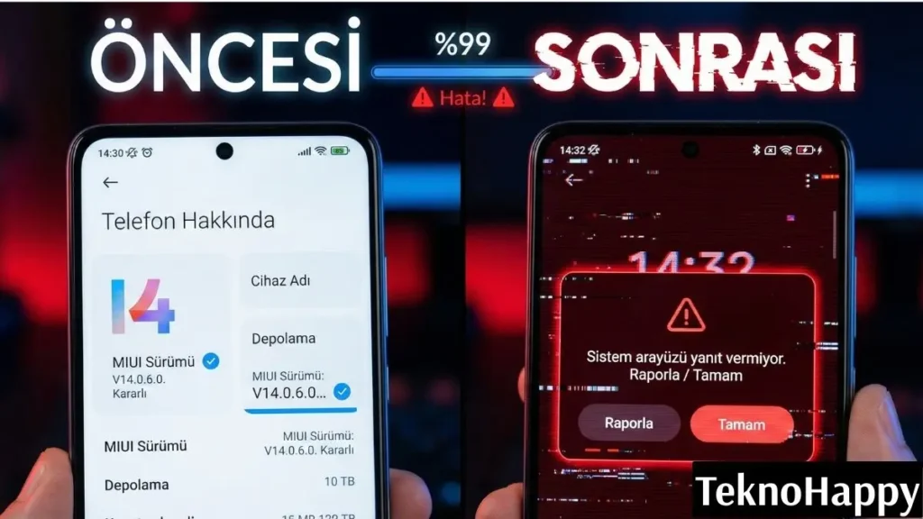 Xiaomi güncelleme sonrası sorun yaşayan, hata veren ve kasan telefon ekranı.