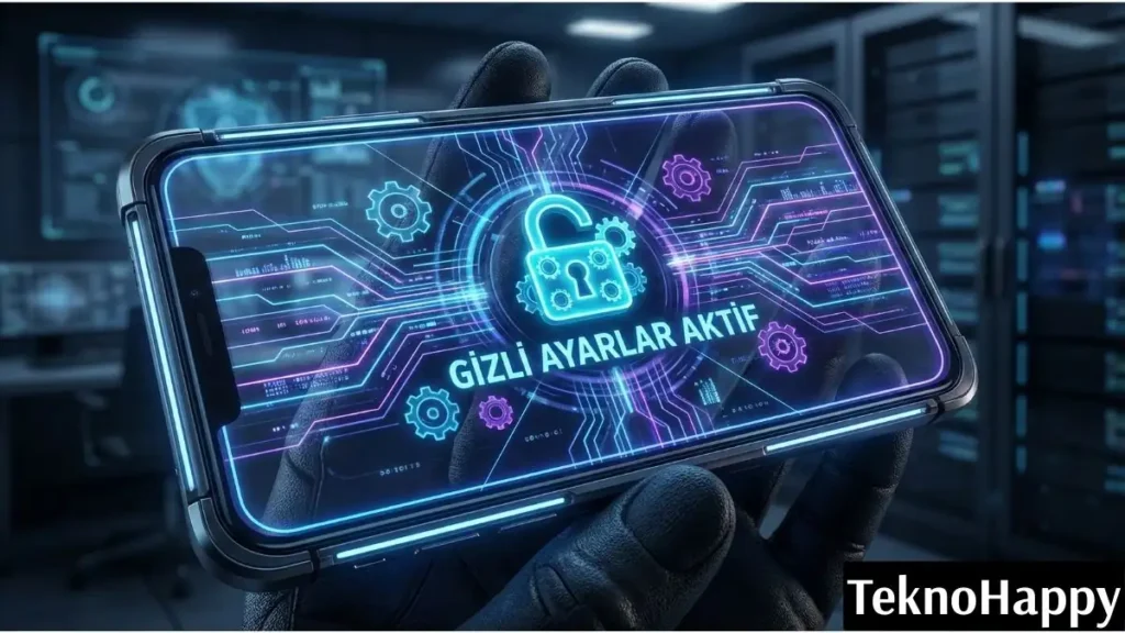 HyperOS gizli ayarlar menüsünün ve geliştirici seçeneklerinin aktifleştiğini gösteren fütüristik Xiaomi telefon ekranı.