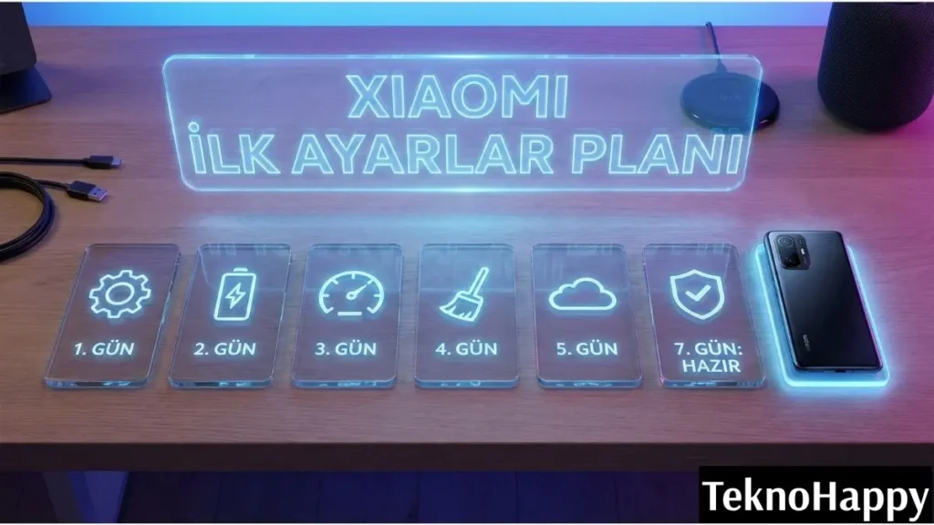 Xiaomi HyperOS ilk ayarlar ve 7 günlük performans planını gösteren takvim ve telefon görseli.