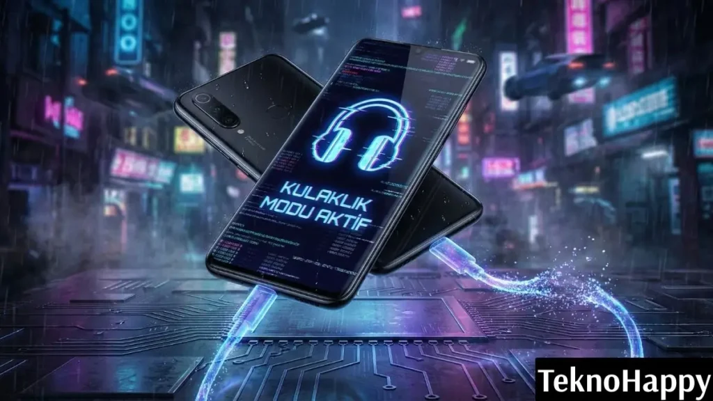 Xiaomi kulaklık takılı görünüyor hatası veren telefon ekranı ve boş kulaklık girişi.