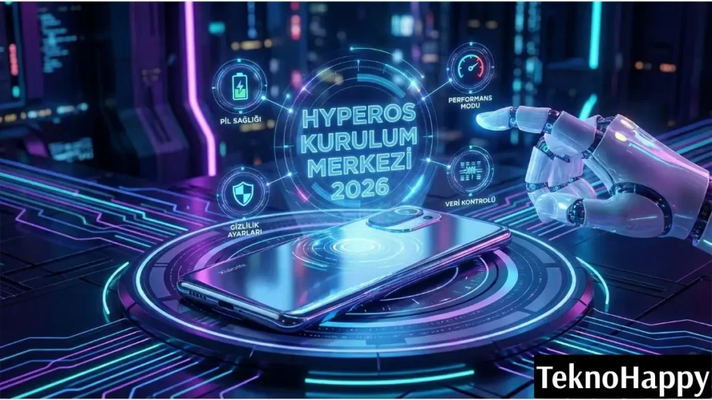 Xiaomi yeni telefon kurulum rehberi için HyperOS 2026 arayüzü, pil, gizlilik ve performans ayarlarını gösteren fütüristik hologram ekran.