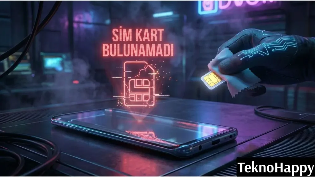 Xiaomi sim kart okunmuyor hatasını ve şebeke sorununu gösteren fütüristik akıllı telefon ekranı ve SIM kart çipi illüstrasyonu.