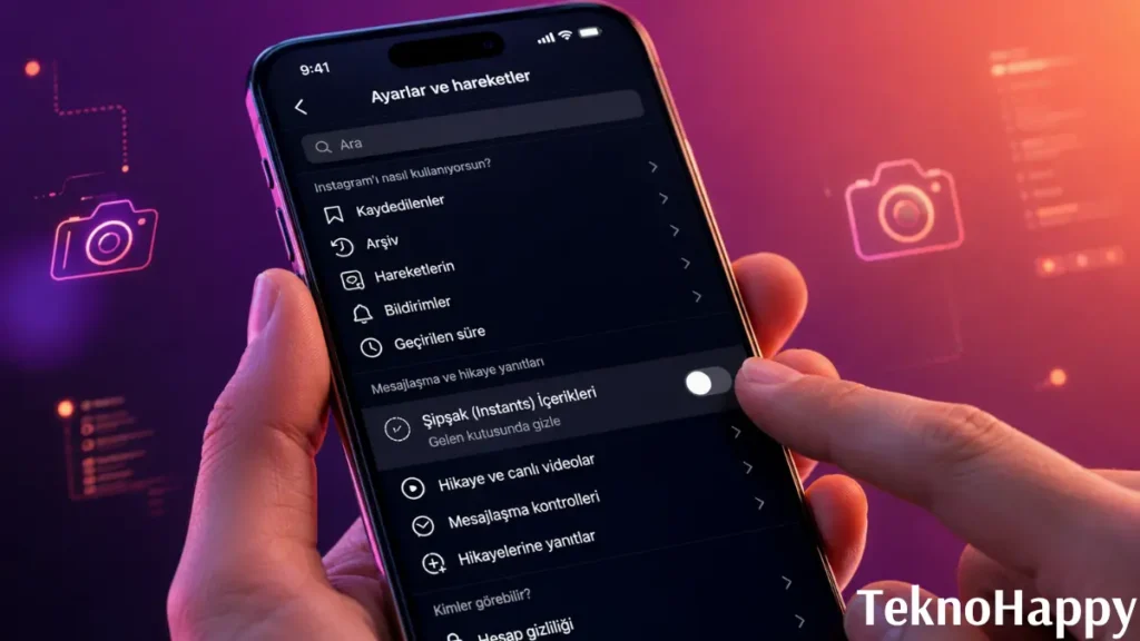 Instagram şipşak nasıl kapatılır sorusunun çözüm adımını ve ayarlar menüsünde Instants özelliğini devre dışı bırakan Türkçe arayüzü gösteren rehber görseli.